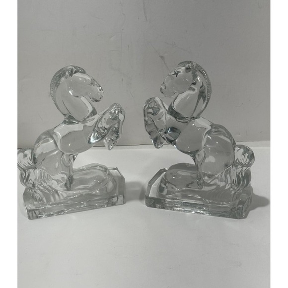 Unknow Other - Vintage Clear Glass Pair of 8" HEAVY Rearing Horse Bookends